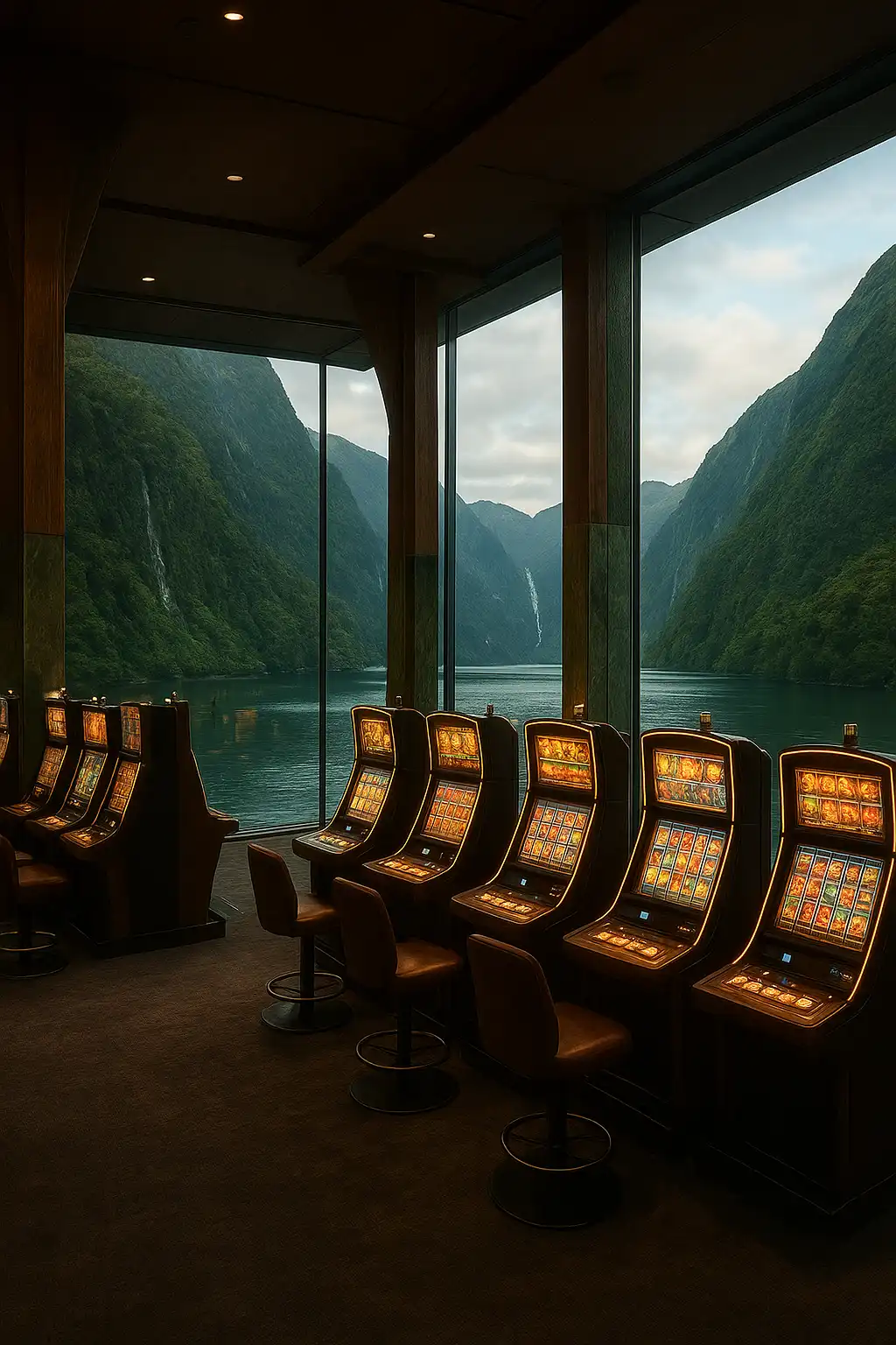 Luxury casino gaming floor overlooking a New Zealand fiord with waterfalls and glass walls