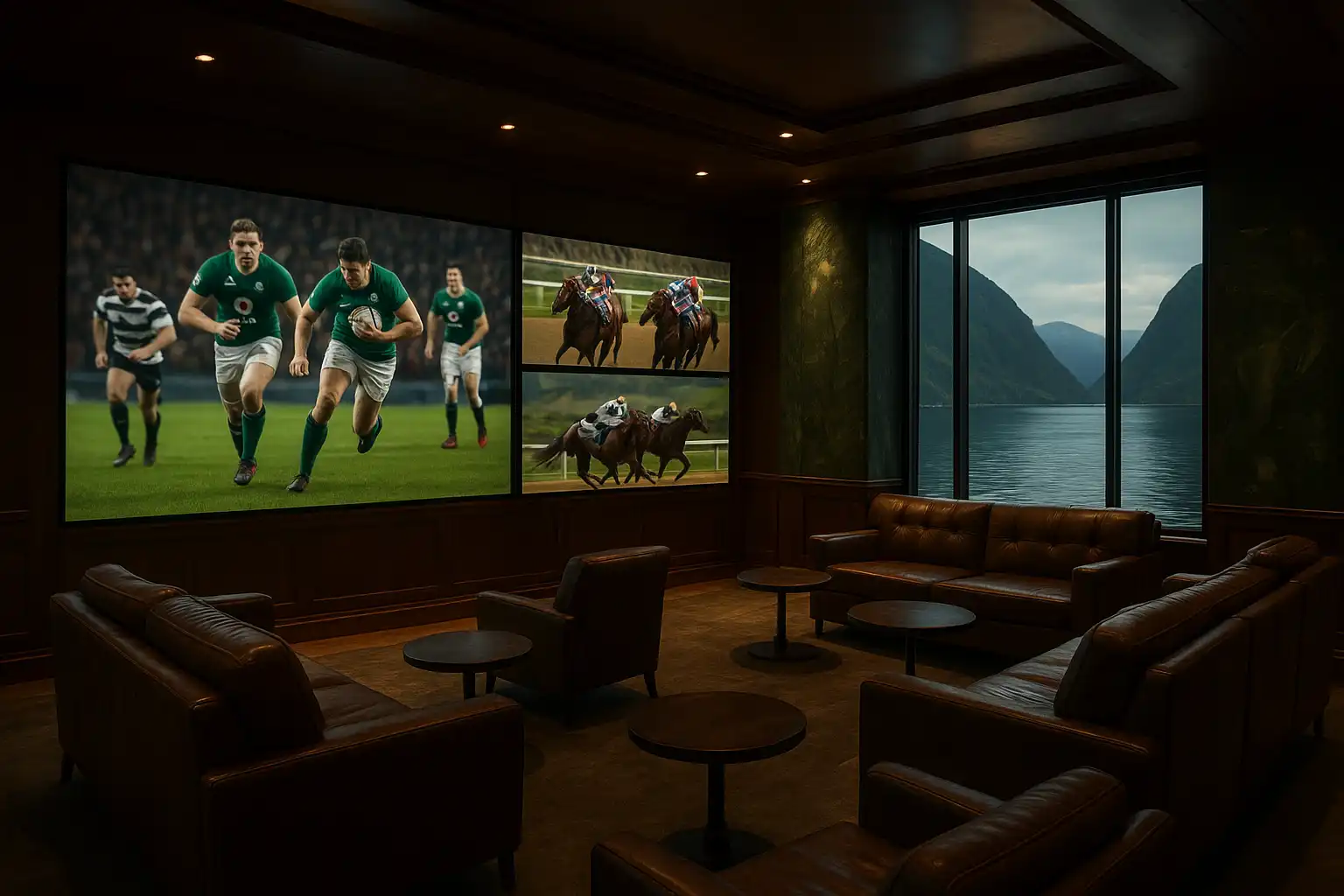 Sports betting lounge inside the CrownPokies casino with screens showing live matches