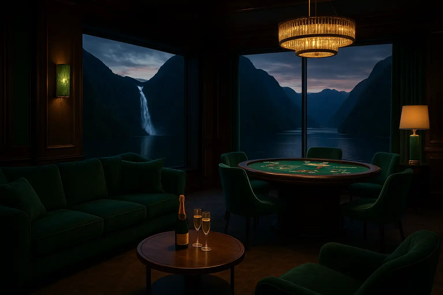 Exclusive VIP casino lounge overlooking a New Zealand fiord waterfall at dusk